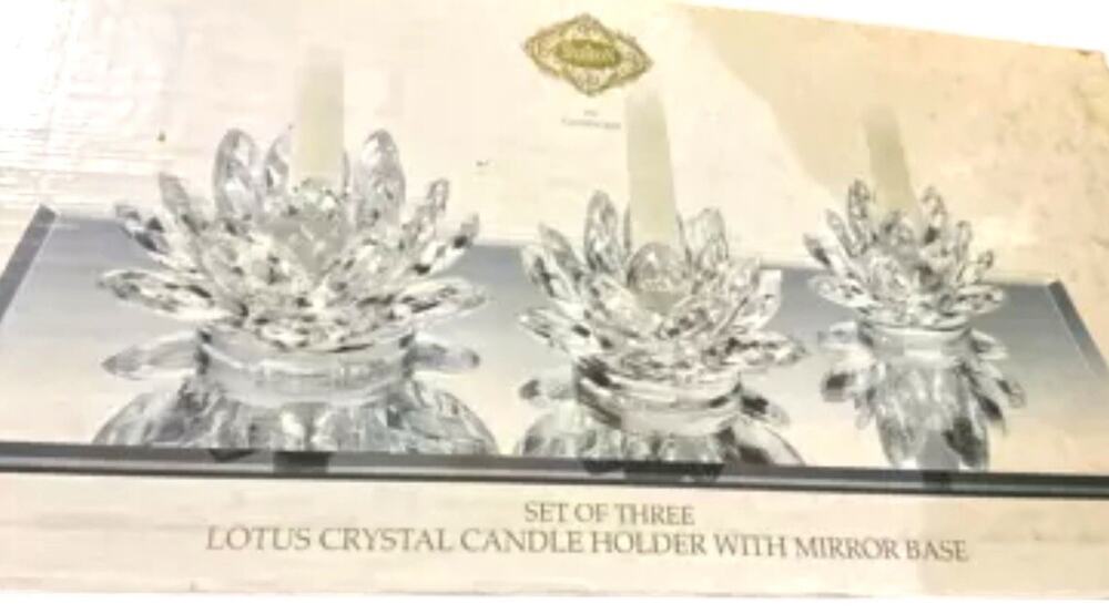 Shannon Crystal By Godinger Crystal Lotus Candle Holder 3 Piece Set Taper Mirror